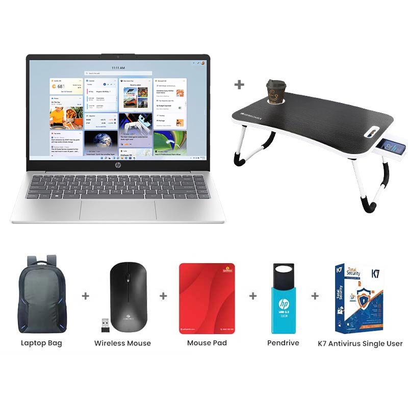 Picture of HP - 13th Gen Intel Core i5-1334U 14" (35.6 cm)  14-ep0340TU Thin & Light Laptop (16GB/ 512GB SSD/ Full HD Display/ Intel UHD Graphics/ Windows 11 Home/ Backlit Keyboard/ Camera Privacy Shutter/ MS Office 2024/ 1Year Warranty/ Natural silver/ 1.4 Kg) with Laptop Table + Laptop Bag + Wireless Mouse + Mouse Pad + Pendrive + K7 Antivirus Single User